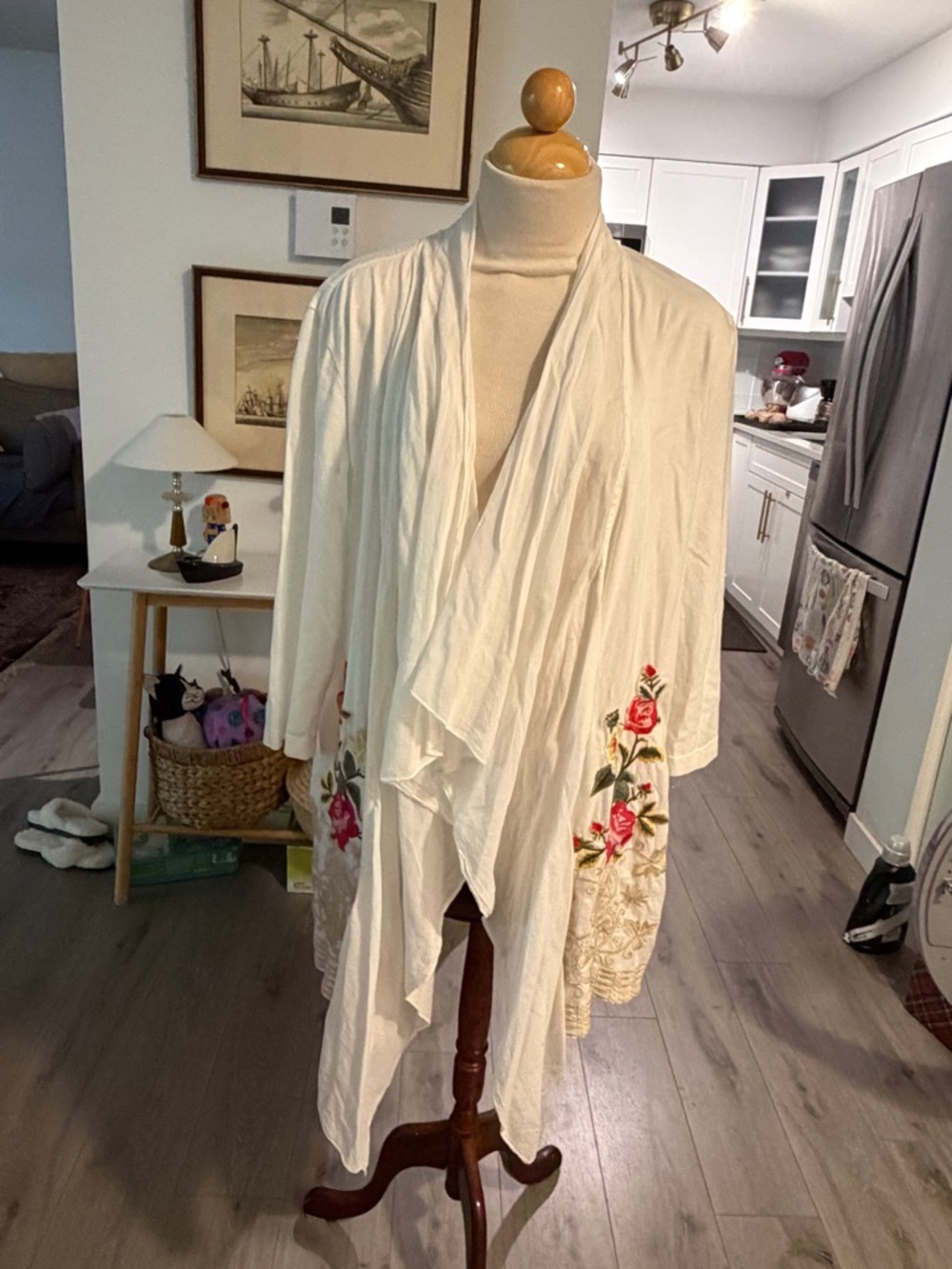 NWT Johnny Was Cream Embroidered Draped Cardigan with Pink Floral Accents